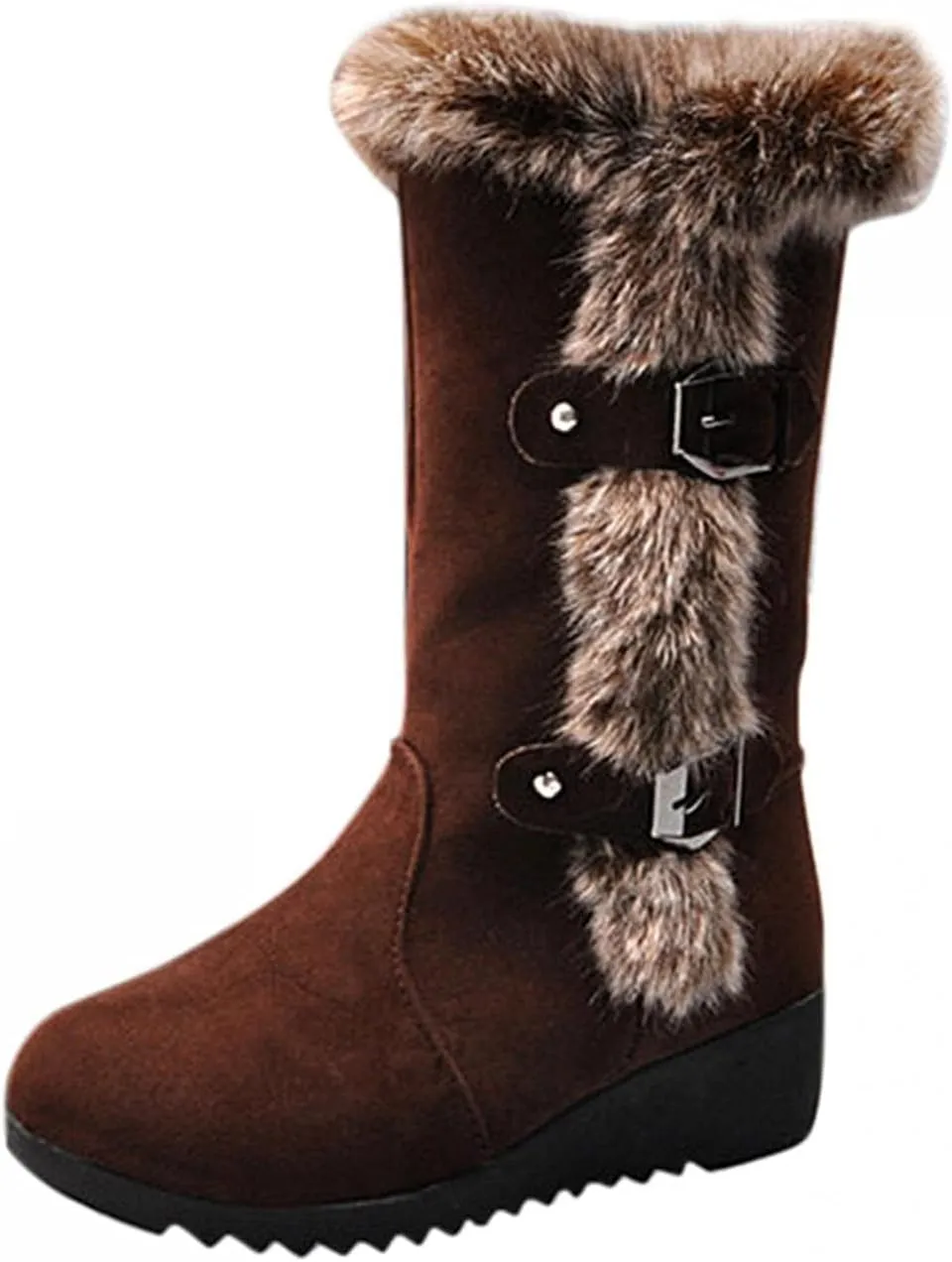Fuzzy Winter Snow Boots For Women Ladies Fluffy Plush Fur Thermal Suede Round Toe Non Slip Wedge Platform Mid Calf Boots