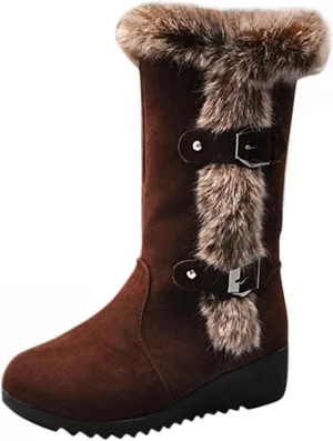 Fuzzy Winter Snow Boots For Women Ladies Fluffy Plush Fur Thermal Suede Round Toe Non Slip Wedge Platform Mid Calf Boots