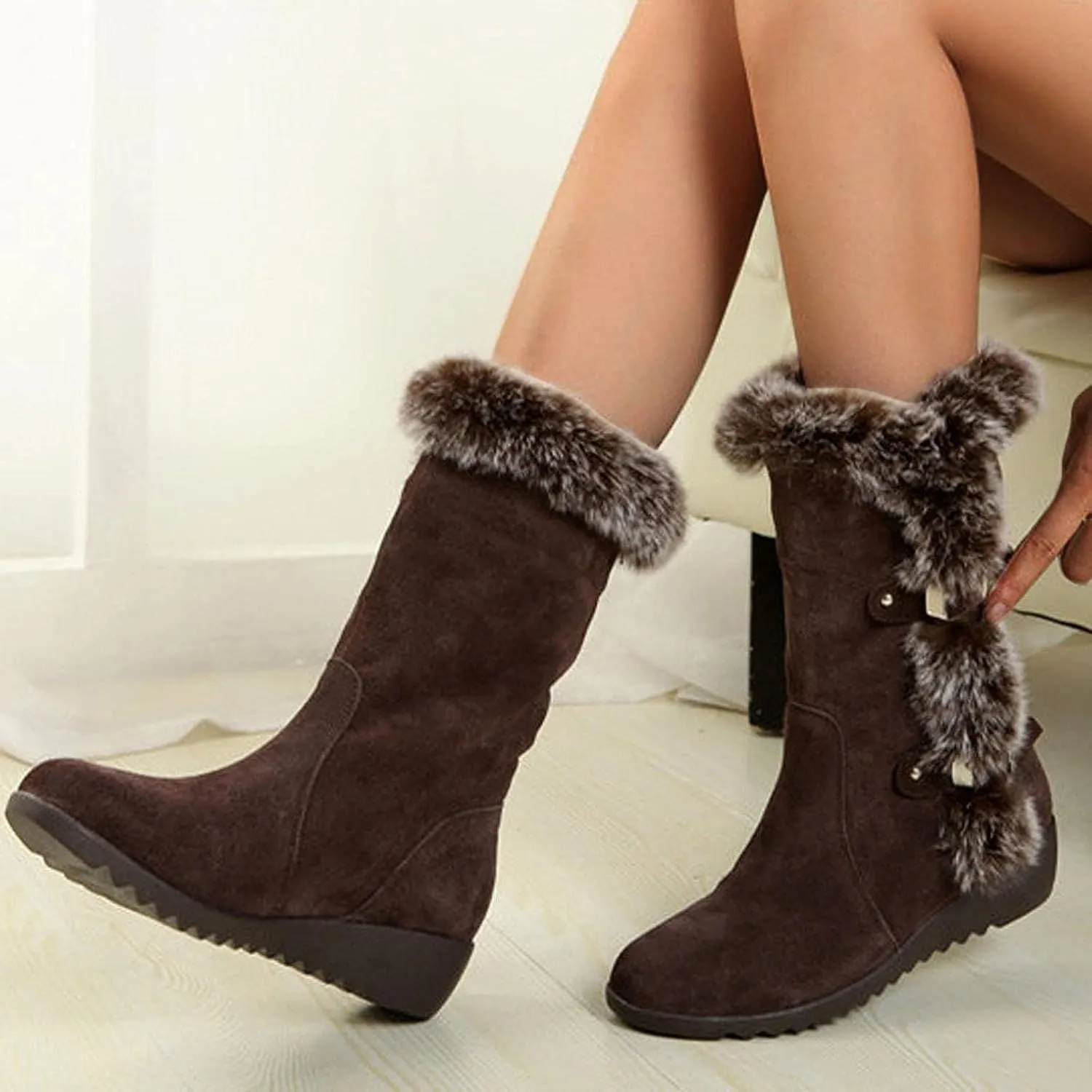 Fuzzy Winter Snow Boots For Women Ladies Fluffy Plush Fur Thermal Suede Round Toe Non Slip Wedge Platform Mid Calf Boots