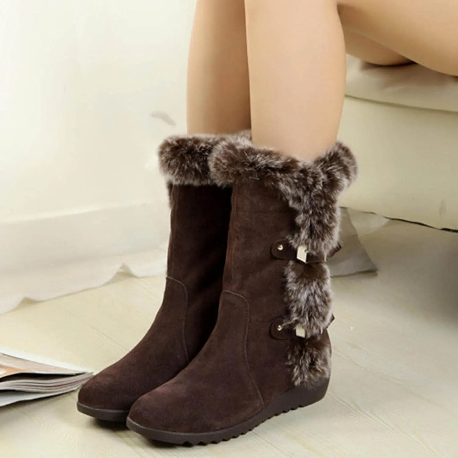 Fuzzy Winter Snow Boots For Women Ladies Fluffy Plush Fur Thermal Suede Round Toe Non Slip Wedge Platform Mid Calf Boots
