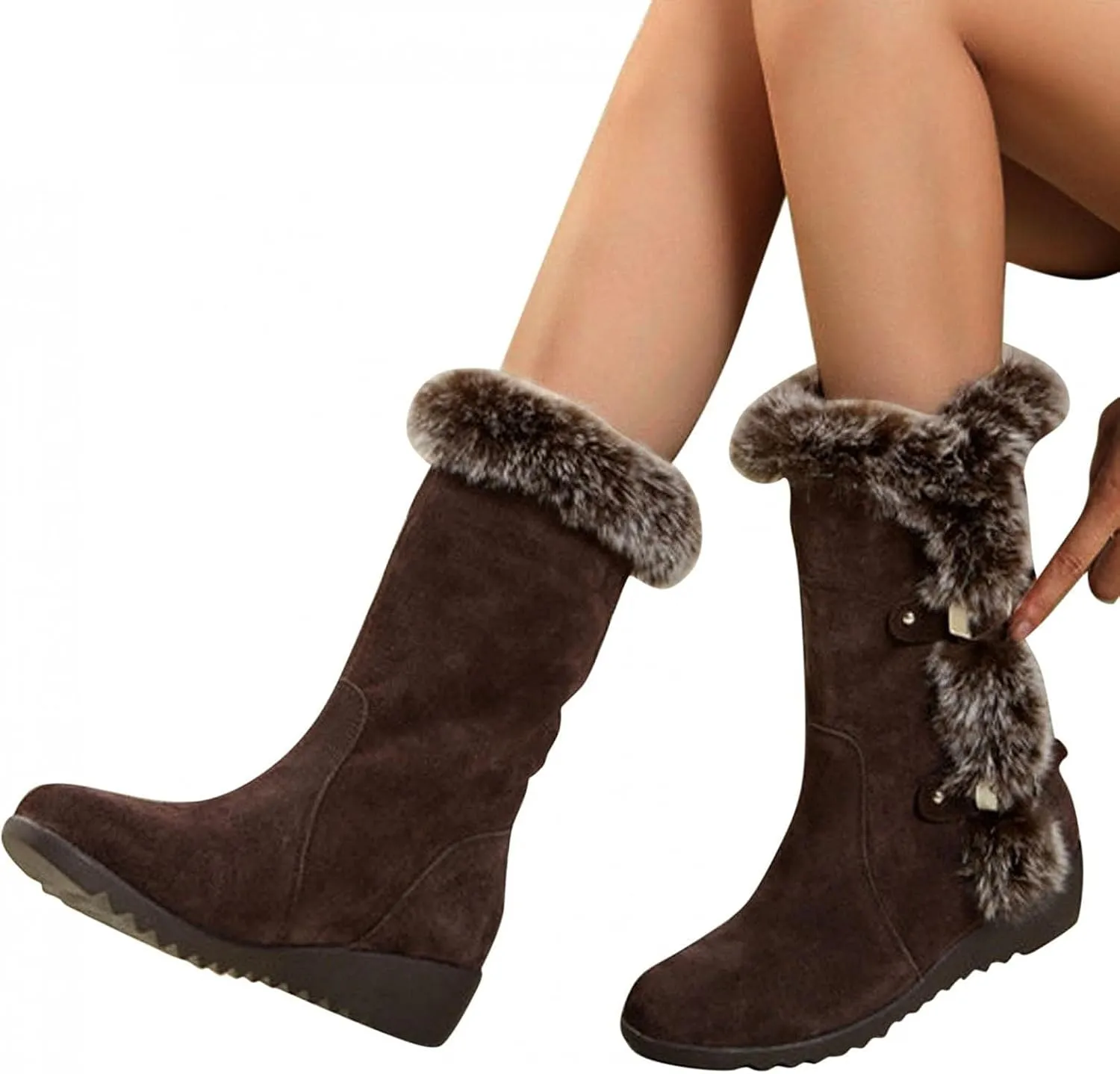 Fuzzy Winter Snow Boots For Women Ladies Fluffy Plush Fur Thermal Suede Round Toe Non Slip Wedge Platform Mid Calf Boots