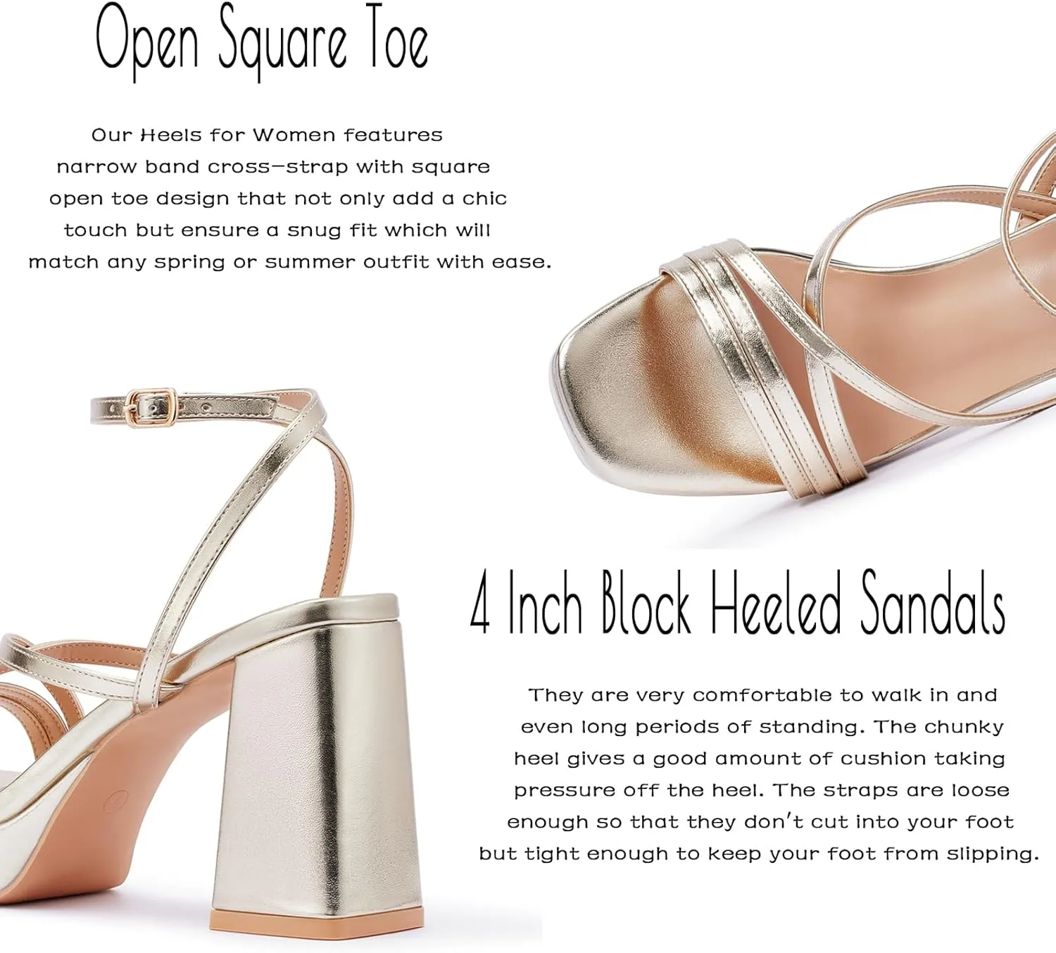 GENSHUO Women's Chunky Platform High Heel Sandals with Ankle Strap and Open Square Toe - 4 Inches Heels