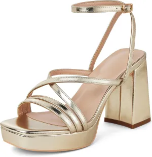 GENSHUO Women's Chunky Platform High Heel Sandals with Ankle Strap and Open Square Toe - 4 Inches Heels