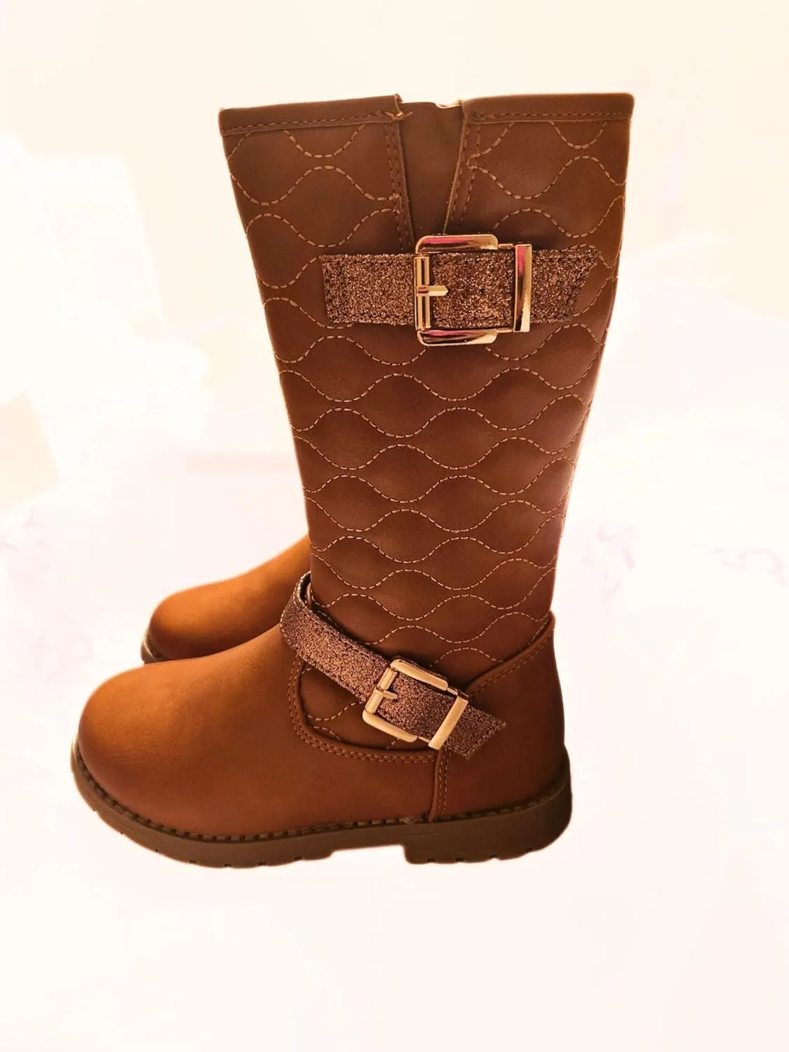 Girls Quilted Design Knee High Riding Boots with Glitter Straps for Kids Rust
