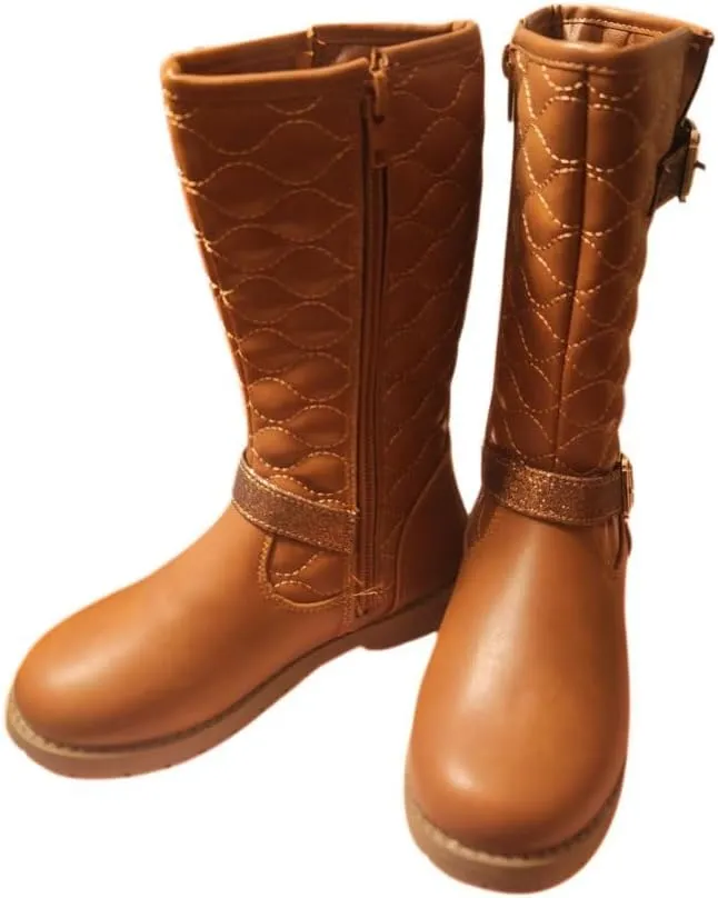 Girls Quilted Design Knee High Riding Boots with Glitter Straps for Kids Rust