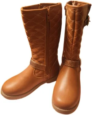 Girls Quilted Design Knee High Riding Boots with Glitter Straps for Kids Rust