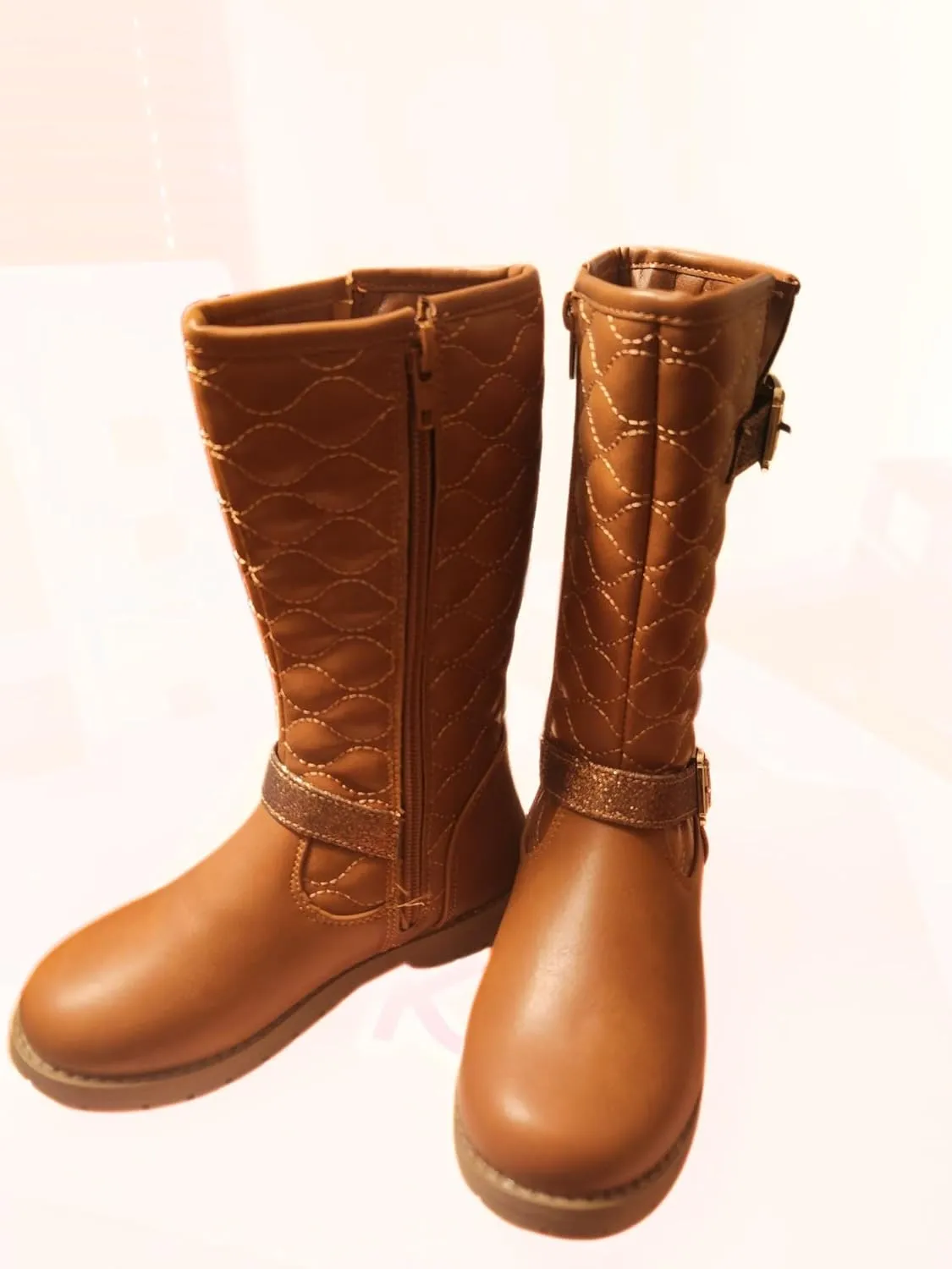 Girls Quilted Design Knee High Riding Boots with Glitter Straps for Kids Rust