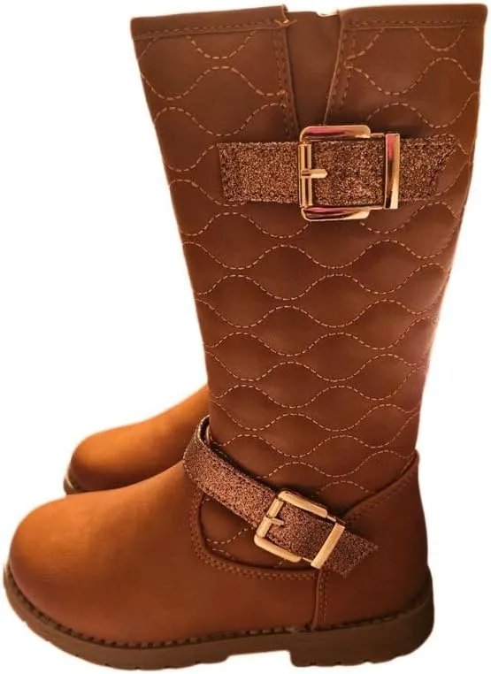 Girls Quilted Design Knee High Riding Boots with Glitter Straps for Kids Rust