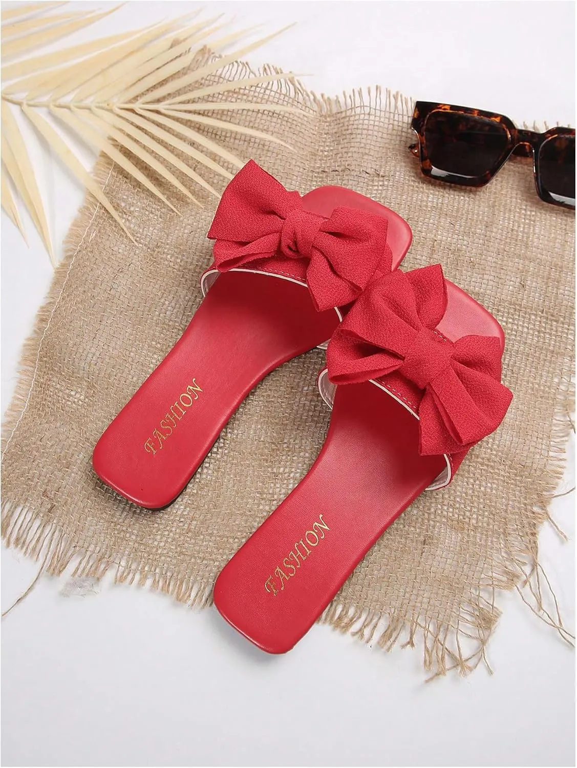 GORGLITTER Women's Bow Flat Sandals Cute Slip on Slide Dressy Vacation Sandals