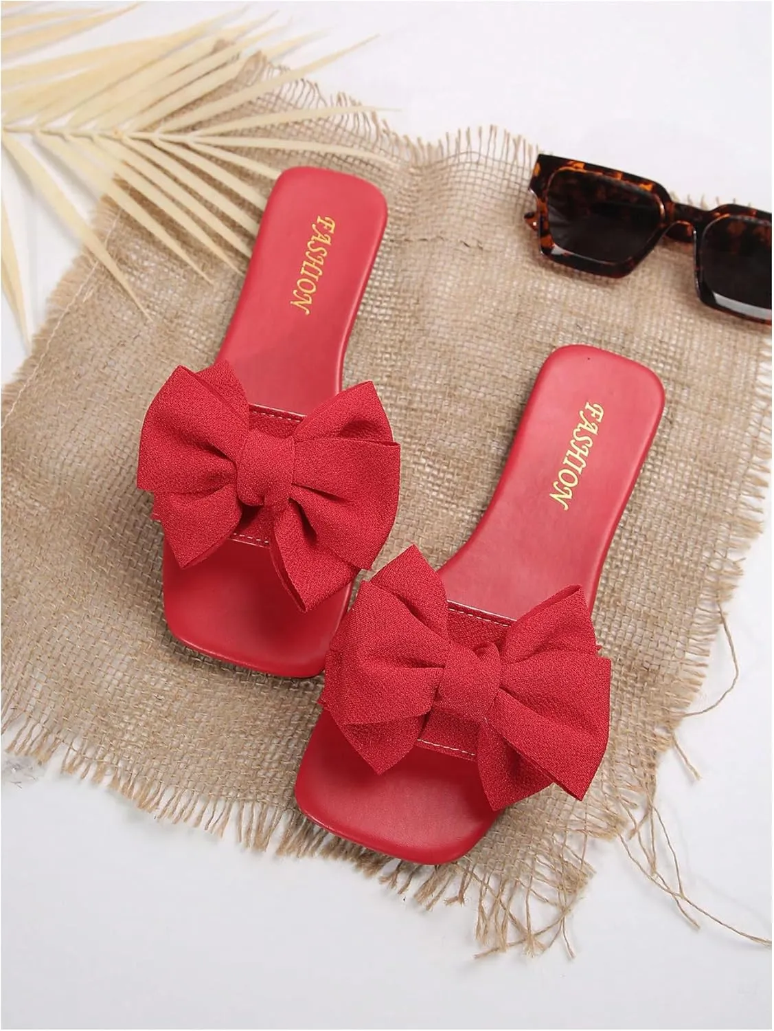 GORGLITTER Women's Bow Flat Sandals Cute Slip on Slide Dressy Vacation Sandals
