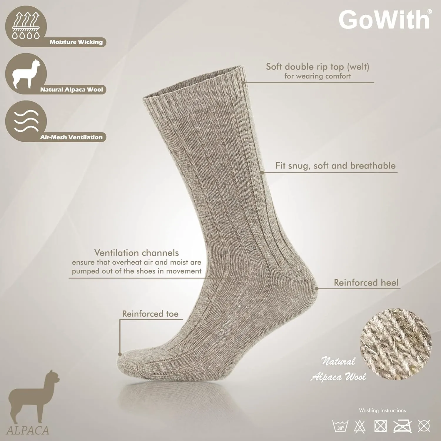 GoWith Alpaca Wool Socks for Men & Women, Alpaca-Merino Blend Warm Cozy Crew Socks, Thermal Regular-Fit Boot Socks