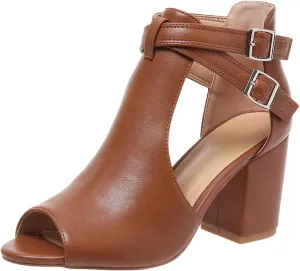 GUNIYIFS Cutout Peep Toe Stacked Heeled Sandals for Women Summer Buckle Cutout Chunky High Heels Sandals Dress Ankle Booties
