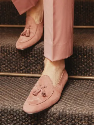 Handmade custom pink Korean fiber velvet men's fringed loafers wedding party European and American style classic foot smoking shoes