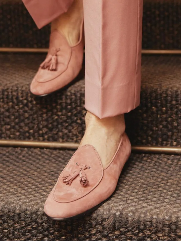 Handmade custom pink Korean fiber velvet men's fringed loafers wedding party European and American style classic foot smoking shoes
