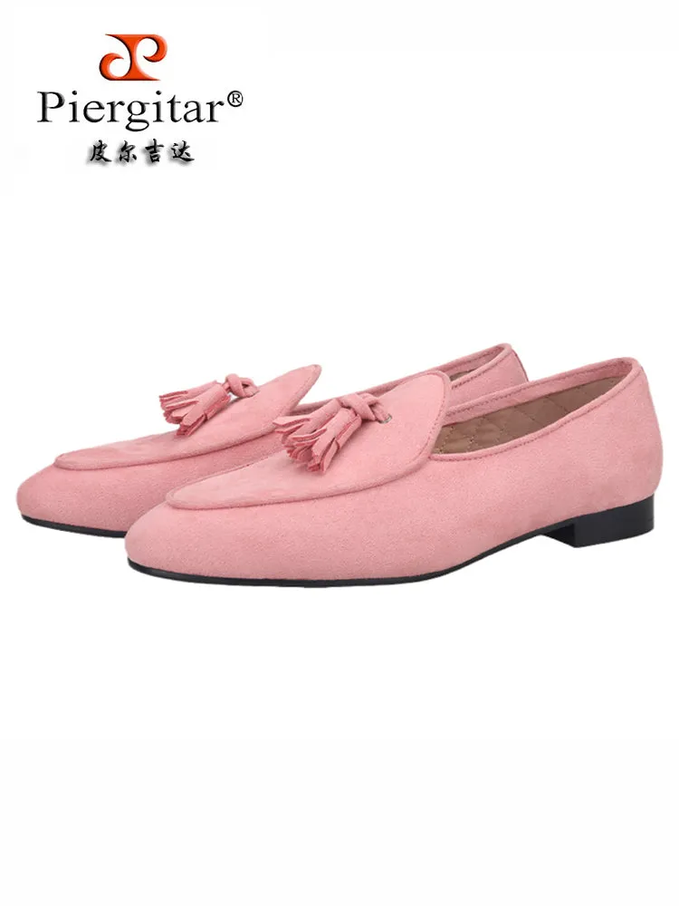 Handmade custom pink Korean fiber velvet men's fringed loafers wedding party European and American style classic foot smoking shoes