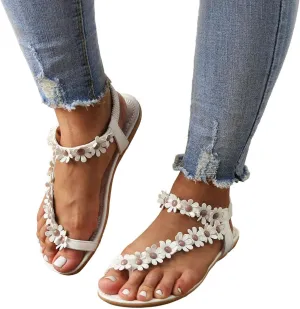 Hbeylia Boho Flat Sandals for Women, Women Casual Summer Open Toe Ring Floral Strap Elastic Band Lightweight Soft Dressy Beach Low Heel Sandals for Ladies Wedding