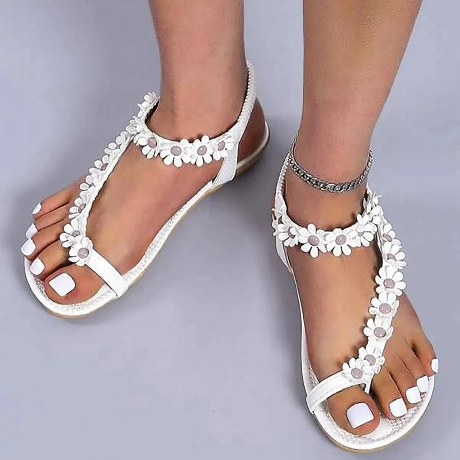 Hbeylia Boho Flat Sandals for Women, Women Casual Summer Open Toe Ring Floral Strap Elastic Band Lightweight Soft Dressy Beach Low Heel Sandals for Ladies Wedding