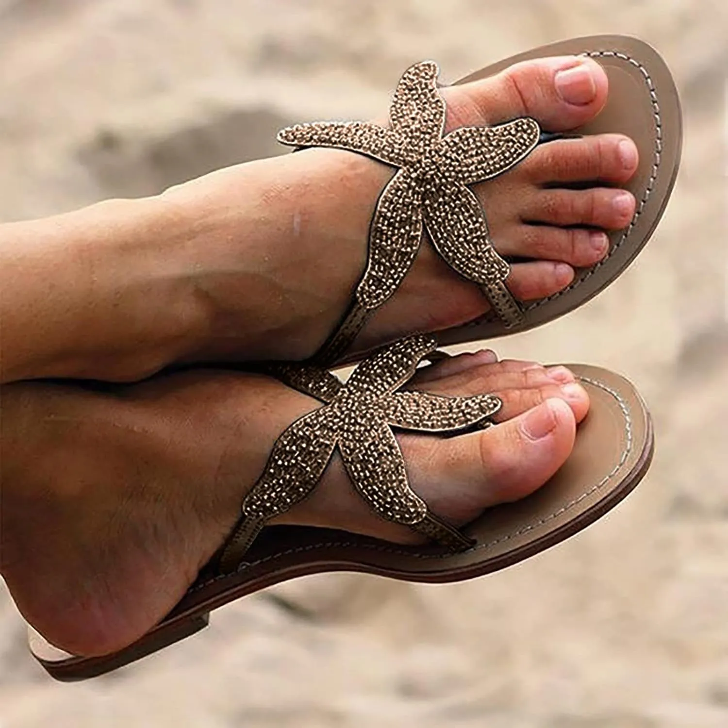Hbeylia Womens Flip Flops Sandals Fashion Summer Retro Starfish Design Comfort Thong Style Flip Flops Sandals Low Heels Flats Sandals Dressy Beach Slip On