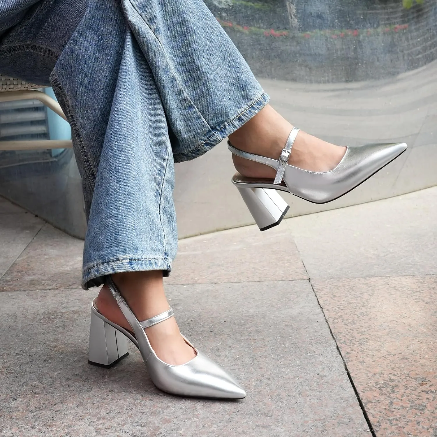 heelchic Women's Pumps Slingback Chunky Heels Closed Pointed Toe Comfortable Low Block Heel Slip-on Sandals Wedding Party Dress Shoes Work Pumps