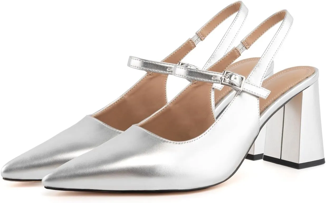 heelchic Women's Pumps Slingback Chunky Heels Closed Pointed Toe Comfortable Low Block Heel Slip-on Sandals Wedding Party Dress Shoes Work Pumps