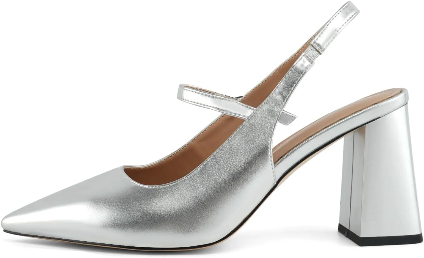 heelchic Women's Pumps Slingback Chunky Heels Closed Pointed Toe Comfortable Low Block Heel Slip-on Sandals Wedding Party Dress Shoes Work Pumps