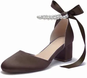 High Block Heel Wedding Closed Toe Sandals for Bride Pearl Bow Ankle Strap Women Chunky Heels Sandal Round Toe Satin Bridal Shoes