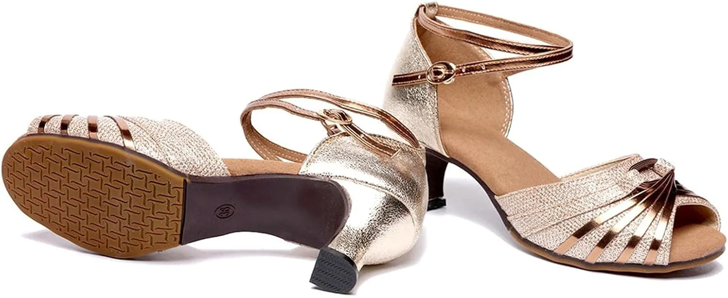 High Heels for Women Latin Dance Shoes Open Toe Heels with Ankle Strap Satin Ballroom Practice Performance Shoes