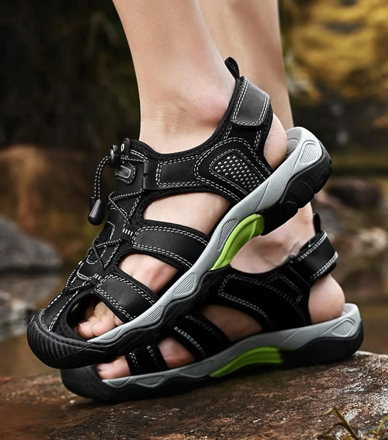 HNVAVQ Mens Sport Sandals Leather Closed Toe Fisherman Shoes Outdoor Walking Sandals Adjustable Casual Beach Summer Shoes