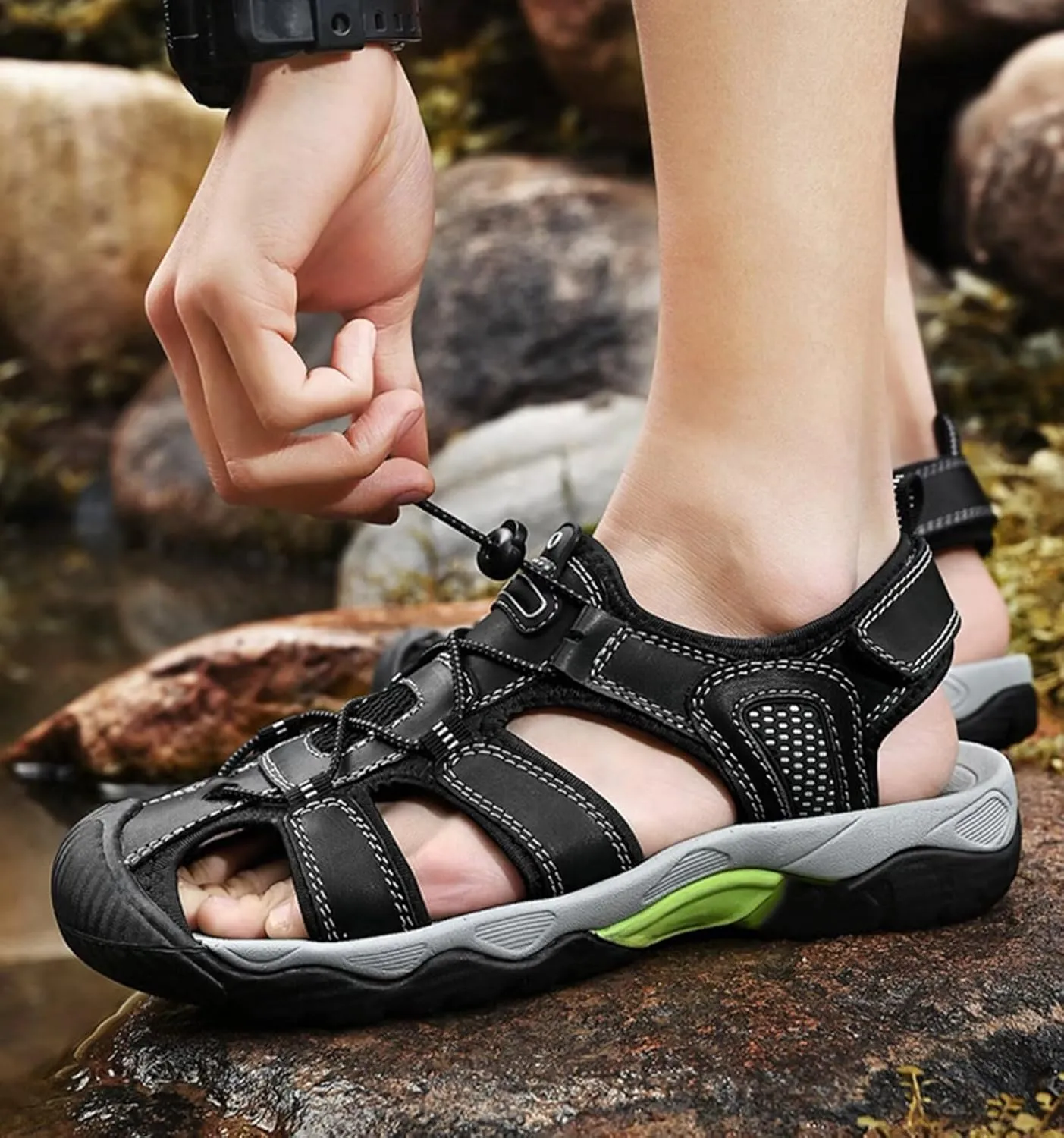 HNVAVQ Mens Sport Sandals Leather Closed Toe Fisherman Shoes Outdoor Walking Sandals Adjustable Casual Beach Summer Shoes