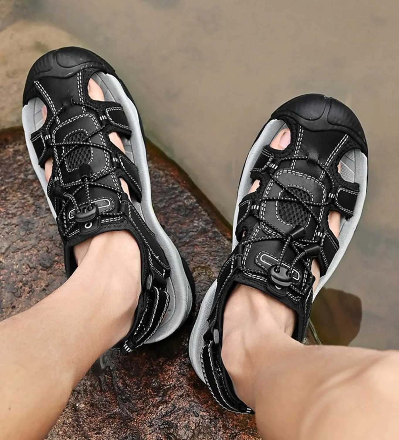 HNVAVQ Mens Sport Sandals Leather Closed Toe Fisherman Shoes Outdoor Walking Sandals Adjustable Casual Beach Summer Shoes