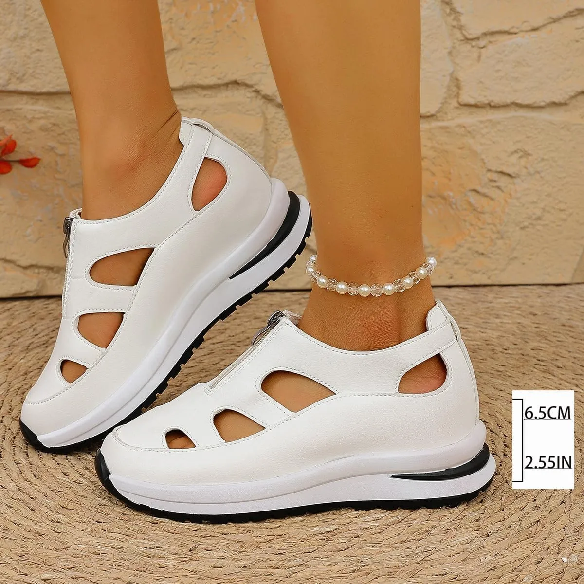 HUIQINGLI Women's Front Zipper Soft Bottom Wedge Sandals, Hollow Out Breathable Platform Wedge Sandals Sneakers