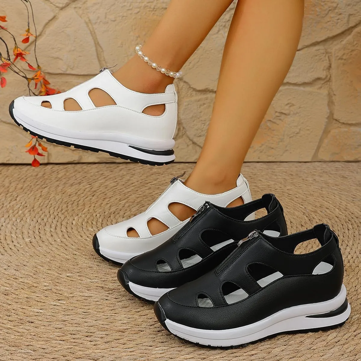 HUIQINGLI Women's Front Zipper Soft Bottom Wedge Sandals, Hollow Out Breathable Platform Wedge Sandals Sneakers