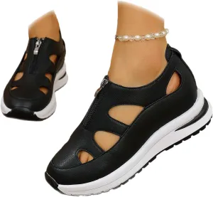 HUIQINGLI Women's Front Zipper Soft Bottom Wedge Sandals, Hollow Out Breathable Platform Wedge Sandals Sneakers
