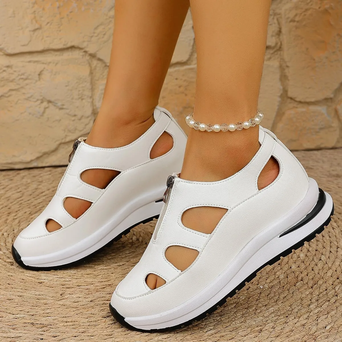 HUIQINGLI Women's Front Zipper Soft Bottom Wedge Sandals, Hollow Out Breathable Platform Wedge Sandals Sneakers