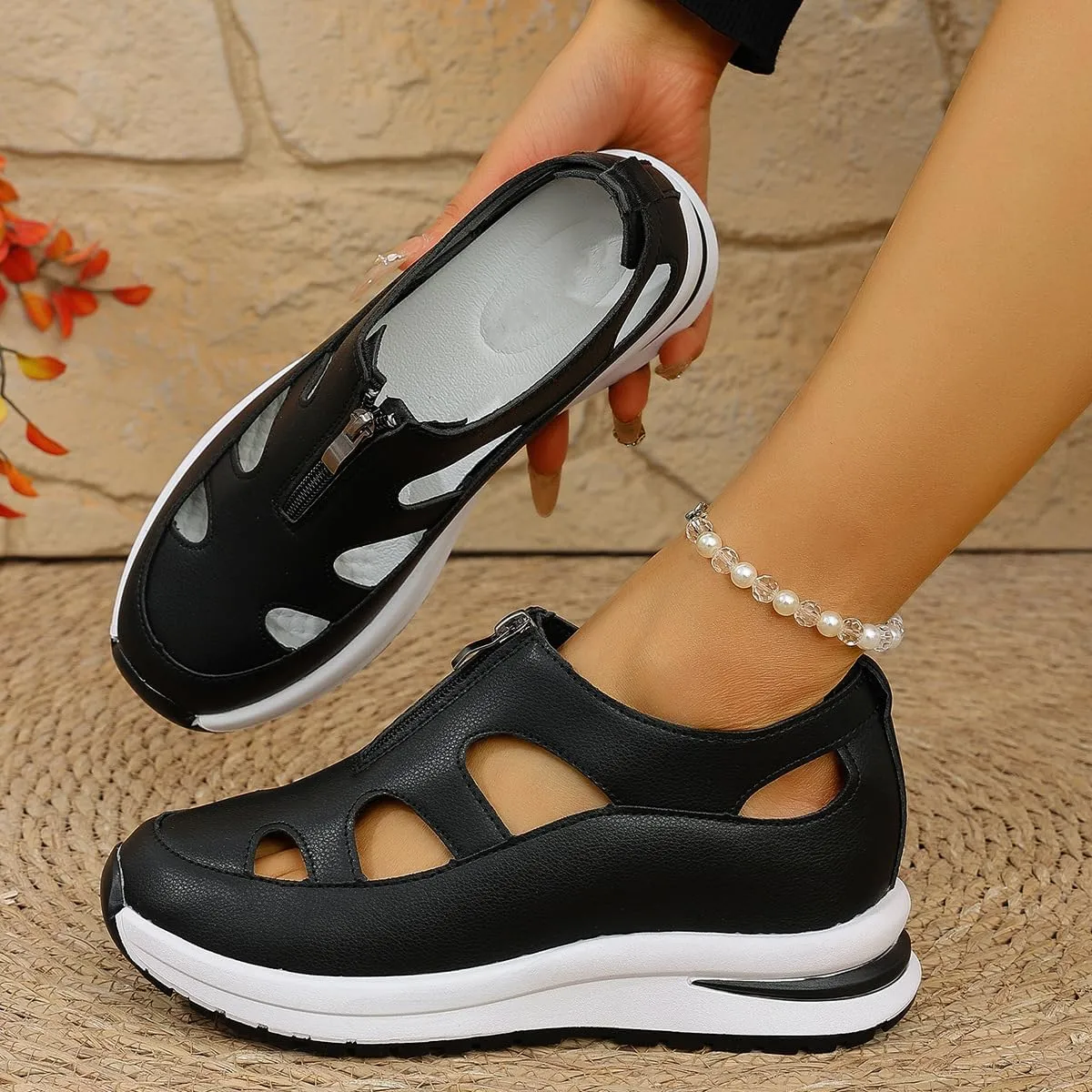 HUIQINGLI Women's Front Zipper Soft Bottom Wedge Sandals, Hollow Out Breathable Platform Wedge Sandals Sneakers