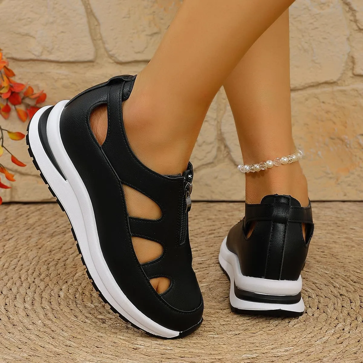 HUIQINGLI Women's Front Zipper Soft Bottom Wedge Sandals, Hollow Out Breathable Platform Wedge Sandals Sneakers