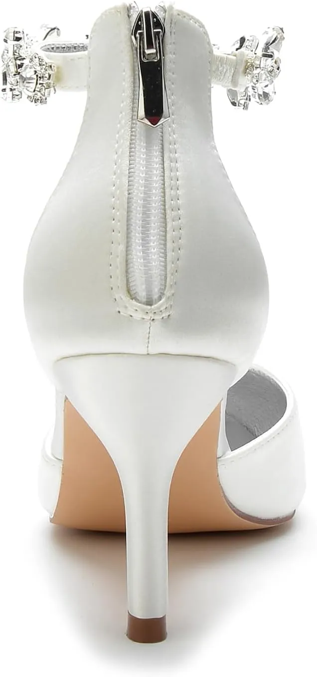 Hyinlays Women's Pointed Toe Ankle Strap Pumps Crystal Satin Wedding Bridal Shoes Party Stilettos Heeled Sandals