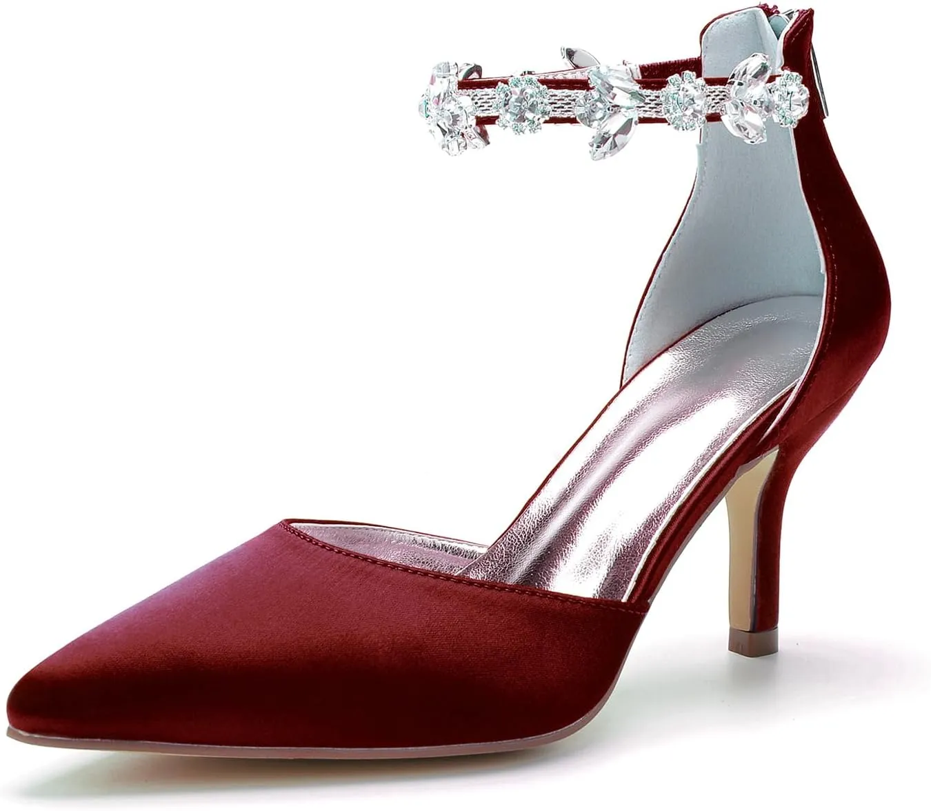 Hyinlays Women's Pointed Toe Ankle Strap Pumps Crystal Satin Wedding Bridal Shoes Party Stilettos Heeled Sandals