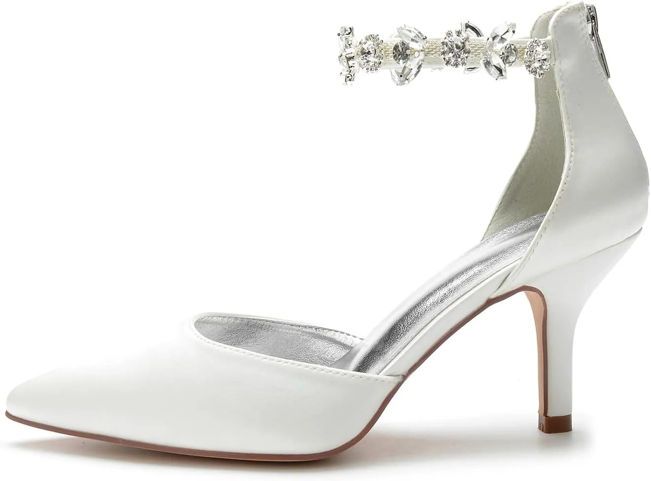 Hyinlays Women's Pointed Toe Ankle Strap Pumps Crystal Satin Wedding Bridal Shoes Party Stilettos Heeled Sandals