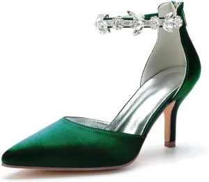 Hyinlays Women's Pointed Toe Ankle Strap Pumps Crystal Satin Wedding Bridal Shoes Party Stilettos Heeled Sandals