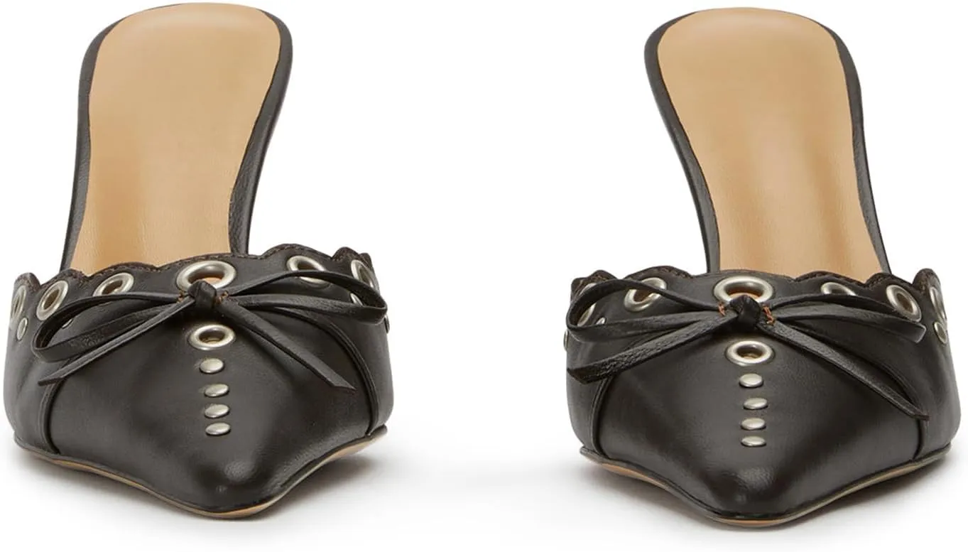 iadore Women's High Heel Mules, 3.2'' Closed Pointed Toe Bowknot Hollow-Out Slip-on Sandals with Antiqued Rivets Casual Office Dress Shoes