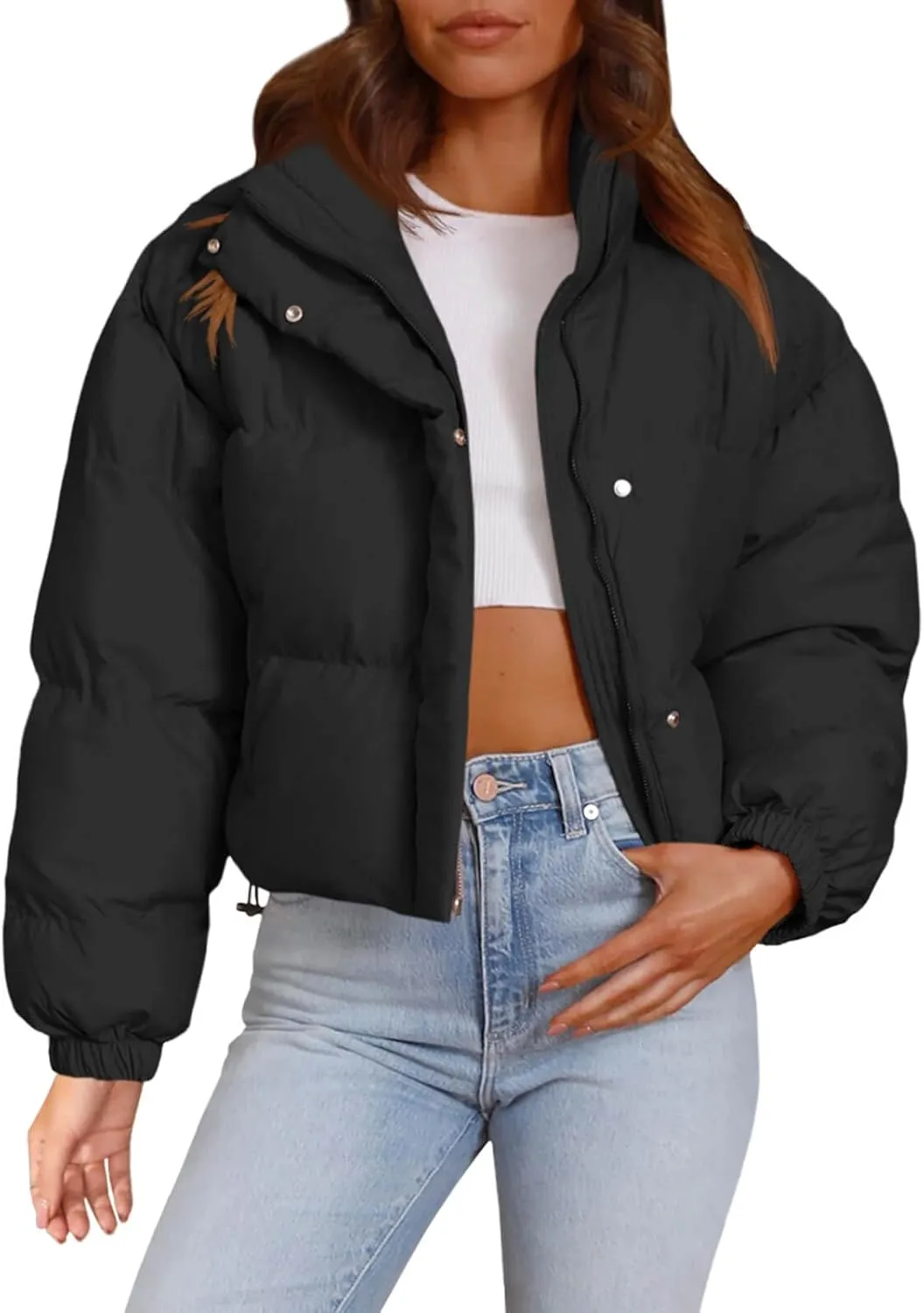 Imily Bela Womens Cropped Puffer Jackets Long Sleeve Stand Collar Coats Quilted Zipper Outerwear