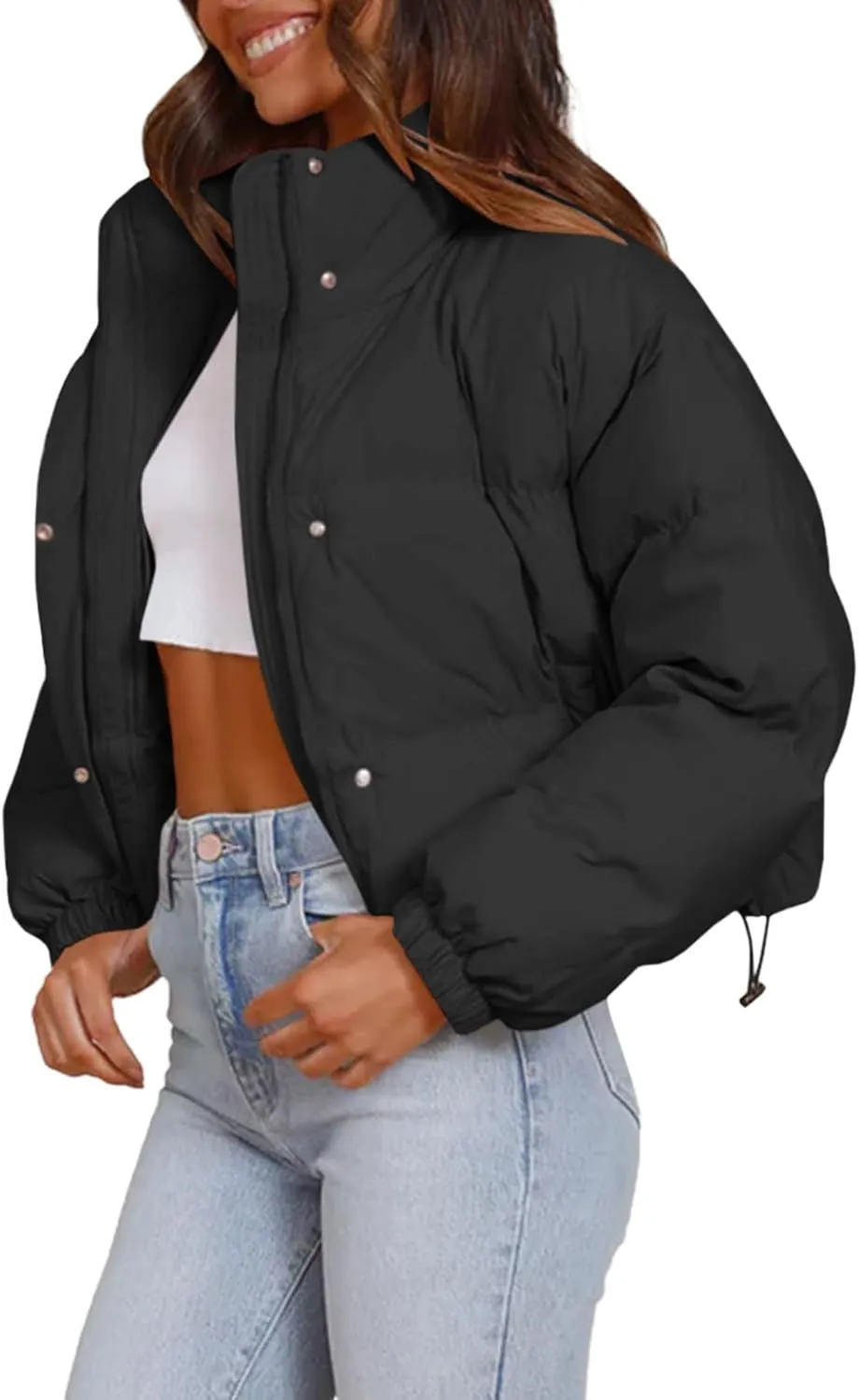 Imily Bela Womens Cropped Puffer Jackets Long Sleeve Stand Collar Coats Quilted Zipper Outerwear