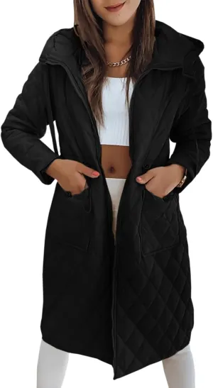 Imily Bela Womens Long Quilted Jackets Zip Up Hooded Drawstring Waist Coats with Pockets