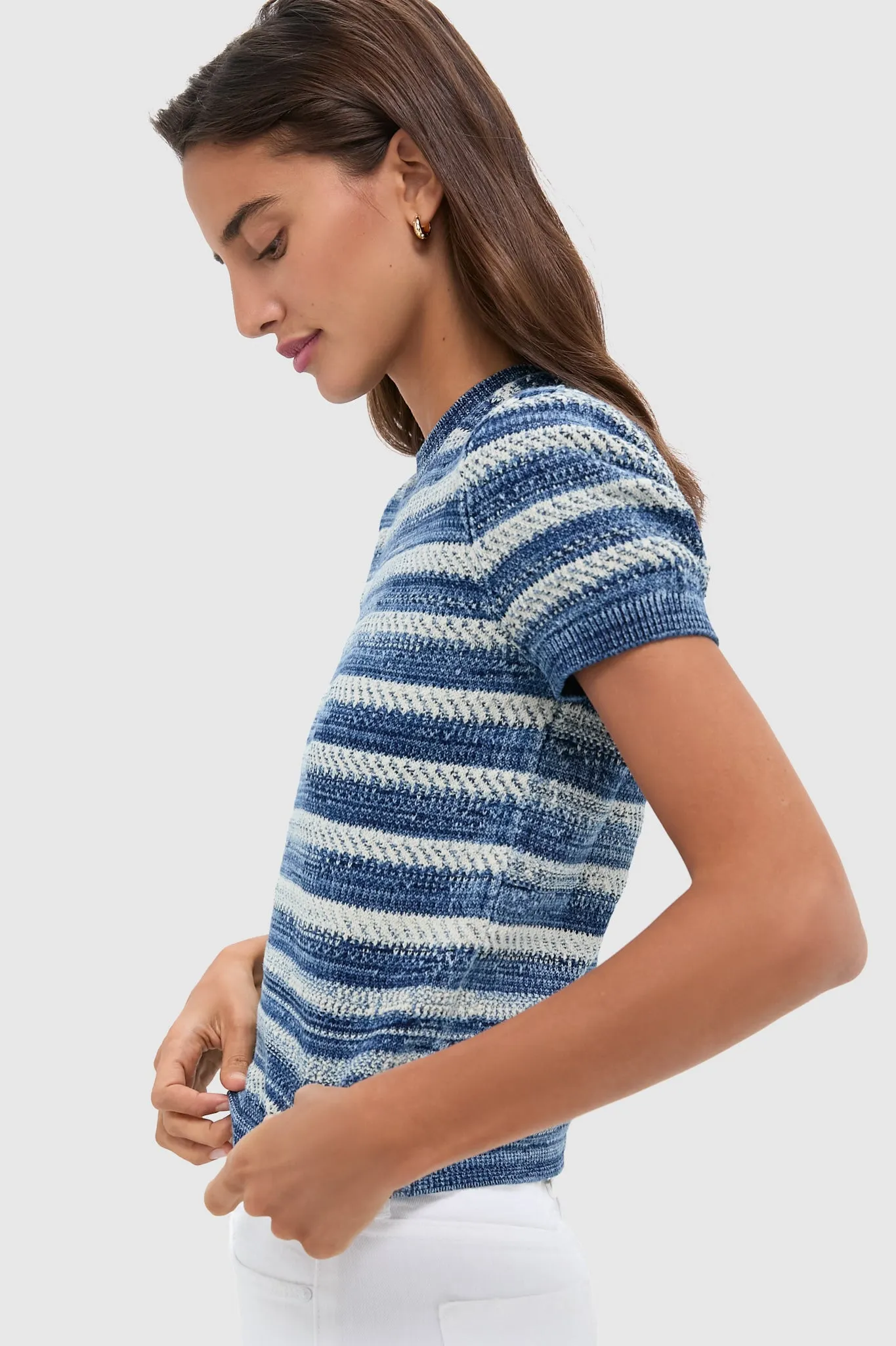 Indigo and Ecru Short Sleeve Pullover Sweater
