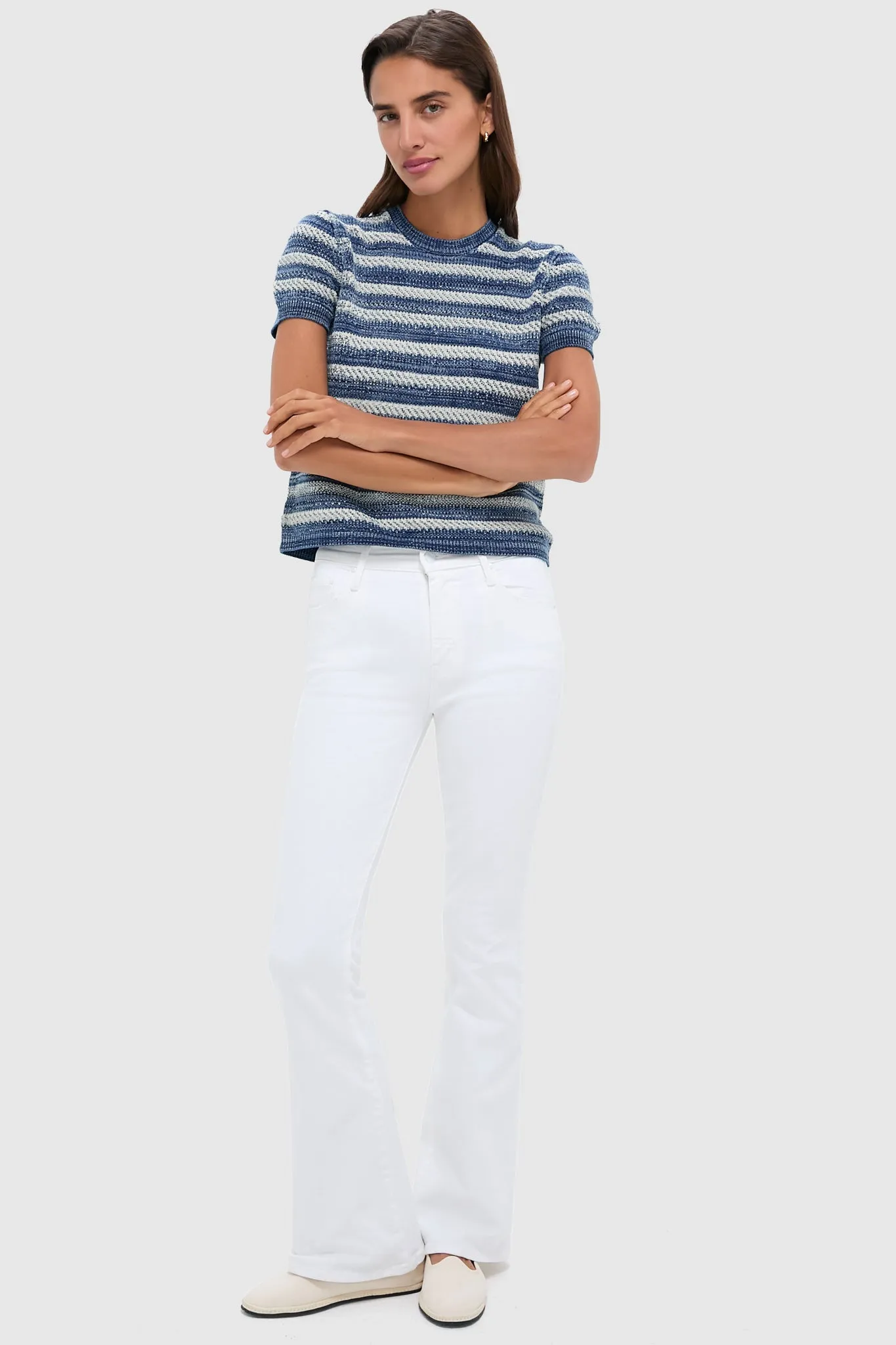 Indigo and Ecru Short Sleeve Pullover Sweater
