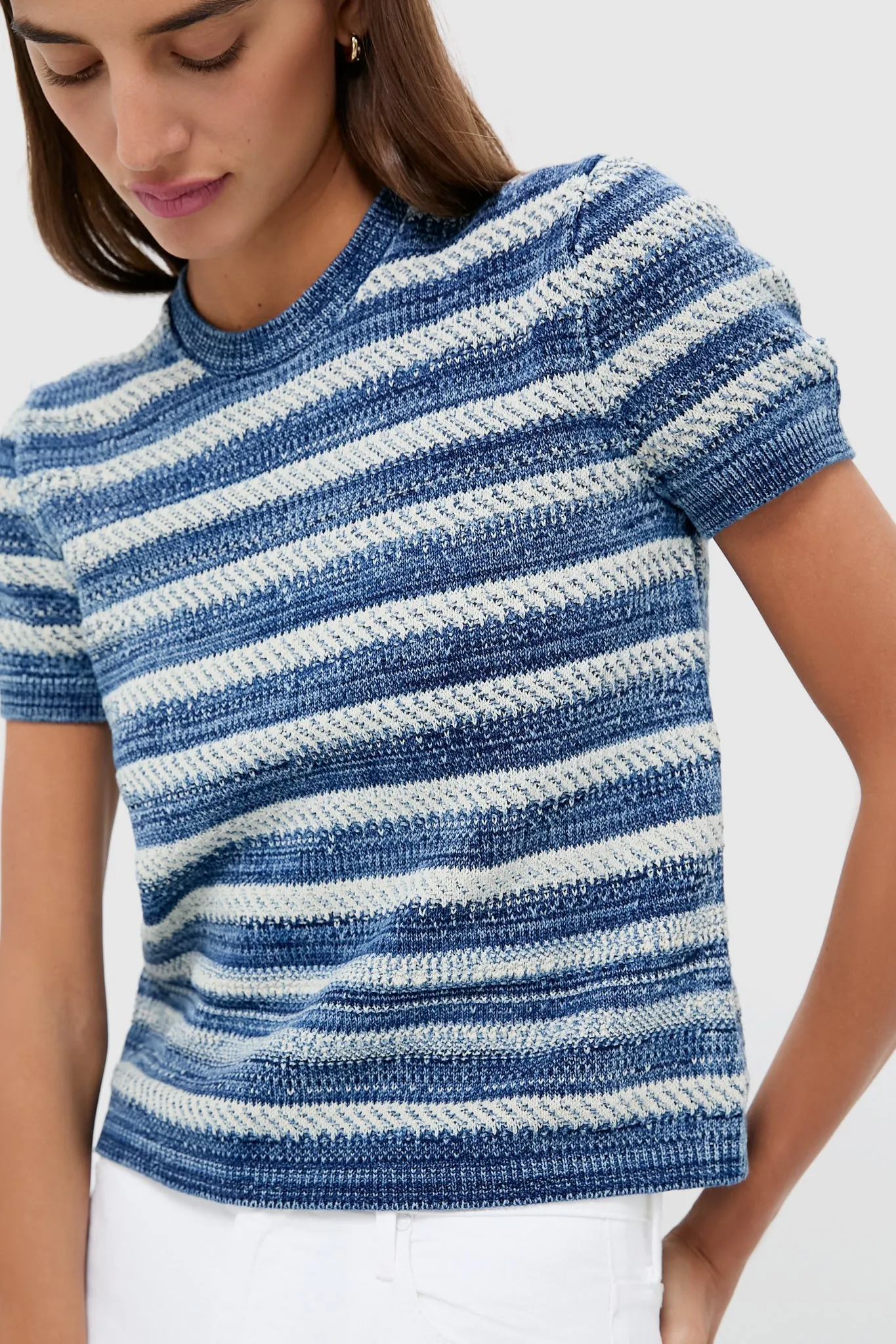 Indigo and Ecru Short Sleeve Pullover Sweater