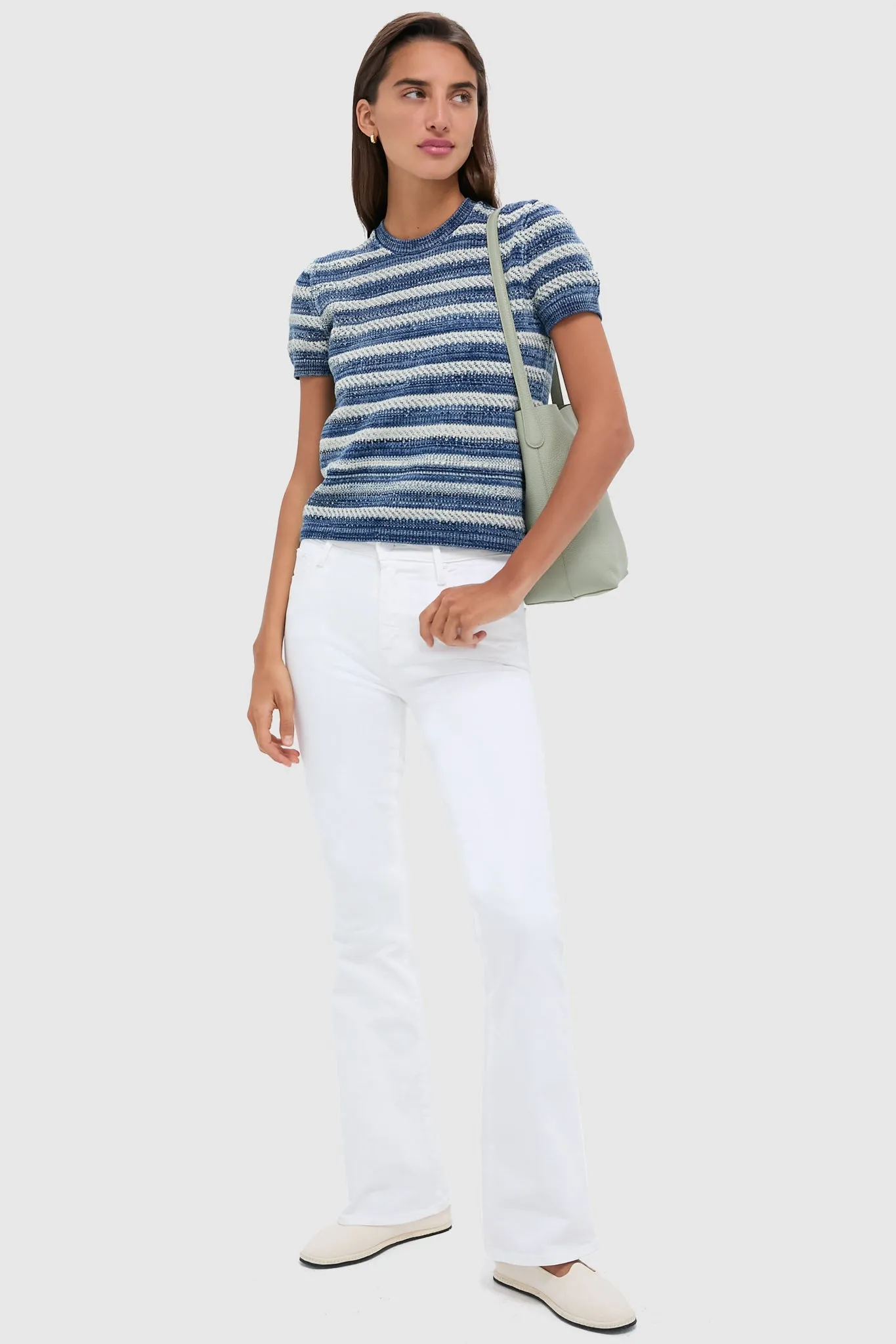 Indigo and Ecru Short Sleeve Pullover Sweater
