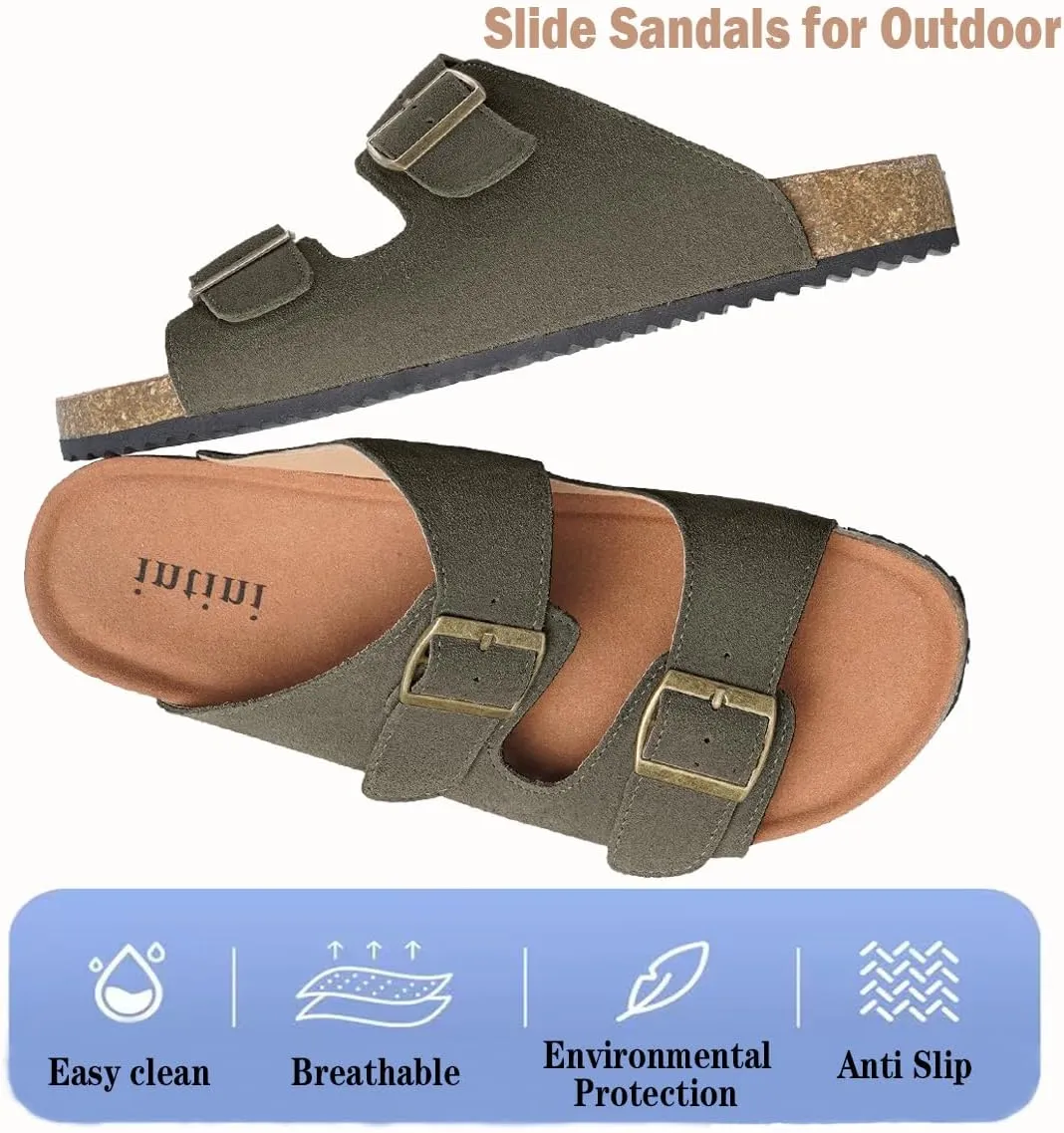 Intini Womens Mens Cork Footbed Slide Sandals Suede Leather Flat Sandals Arch Support Slip on Summer Open Toe Outdoor Slippers with Adjustable Buckle