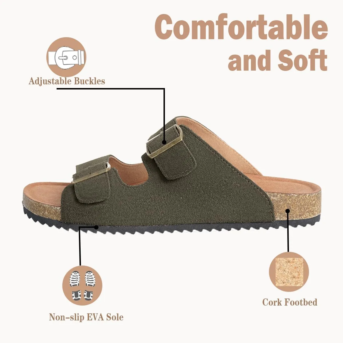 Intini Womens Mens Cork Footbed Slide Sandals Suede Leather Flat Sandals Arch Support Slip on Summer Open Toe Outdoor Slippers with Adjustable Buckle